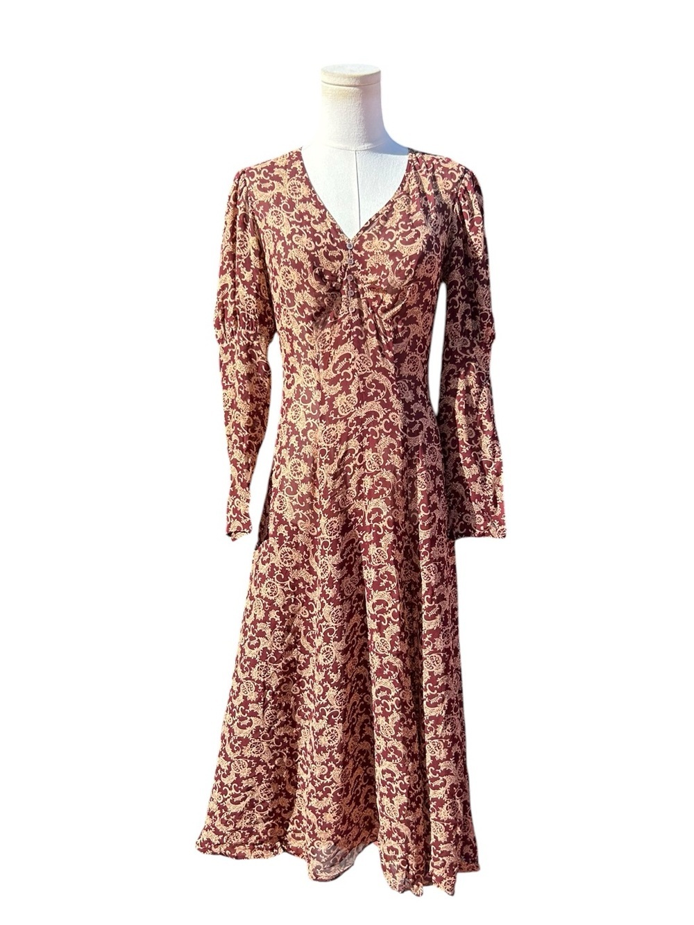 Parallel Dresses Size 4 USA Rayon Midi Dress Burgundy Print Sheer Cottagecore